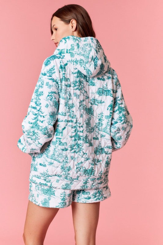 Christmas Sight Printed Velour Hoodie Green