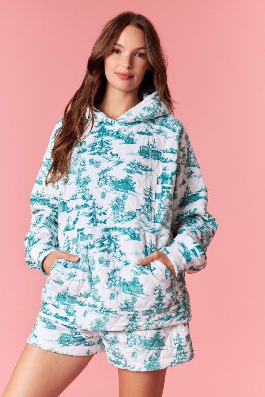 Christmas Sight Printed Velour Hoodie Green