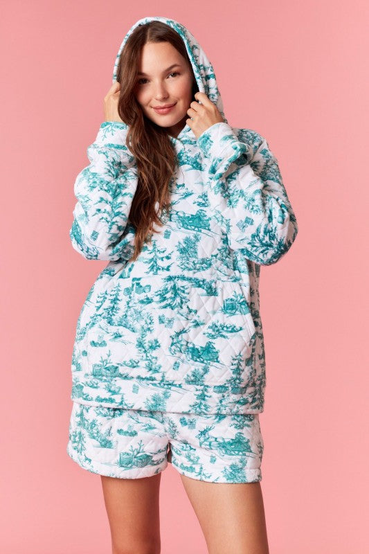 Christmas Sight Printed Velour Hoodie Green