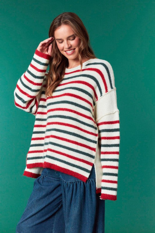 Striped Oversized Christmas Sweater Ivory