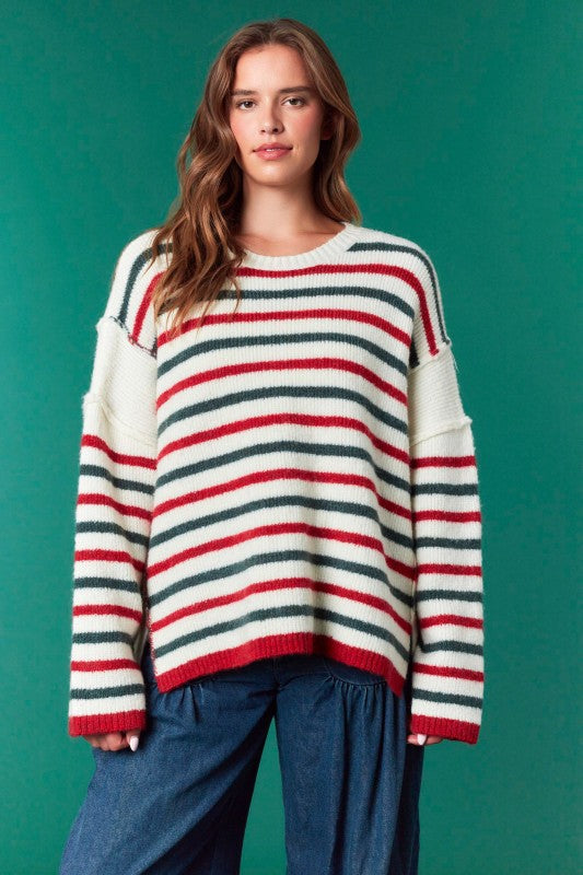 Striped Oversized Christmas Sweater Ivory