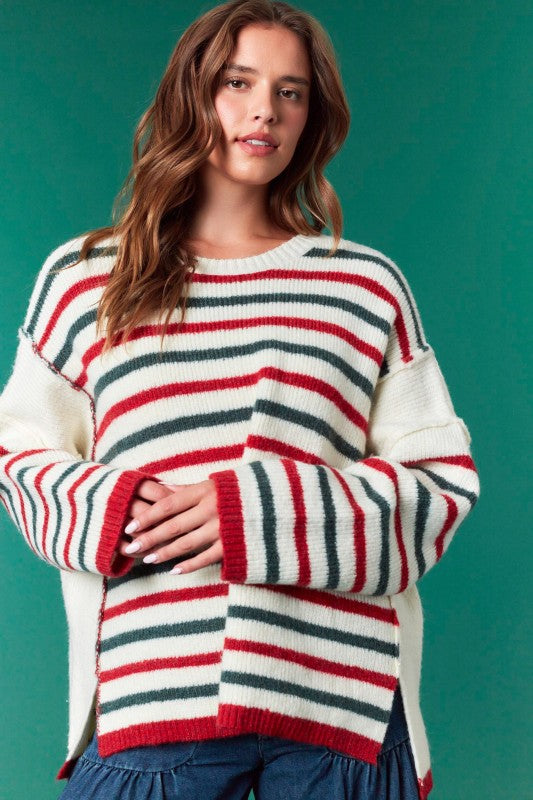 Striped Oversized Christmas Sweater Ivory