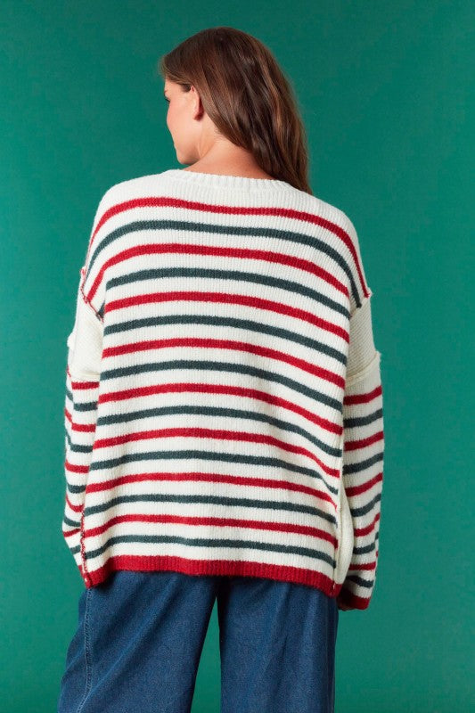 Striped Oversized Christmas Sweater Ivory