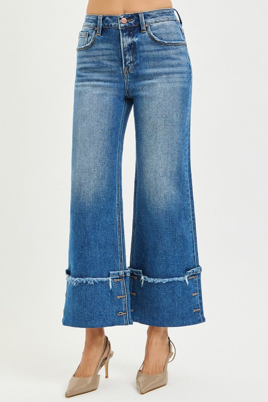 High Rise Cropped Cuffed Button Jeans Medium