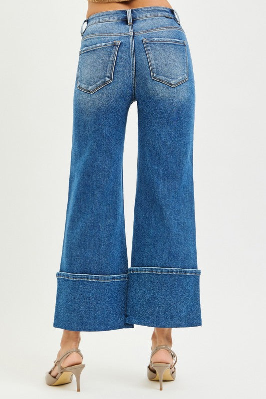 High Rise Cropped Cuffed Button Jeans Medium