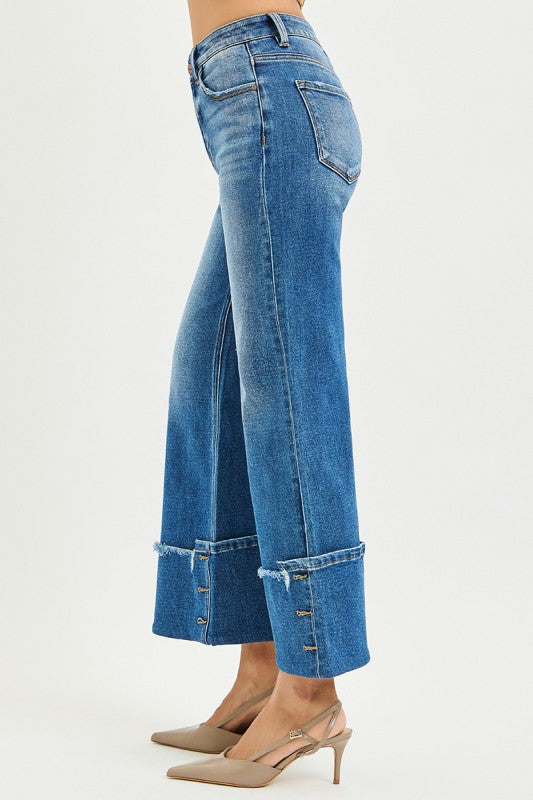 High Rise Cropped Cuffed Button Jeans Medium