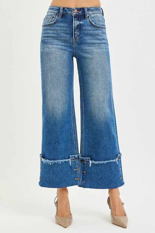 High Rise Cropped Cuffed Button Jeans Medium