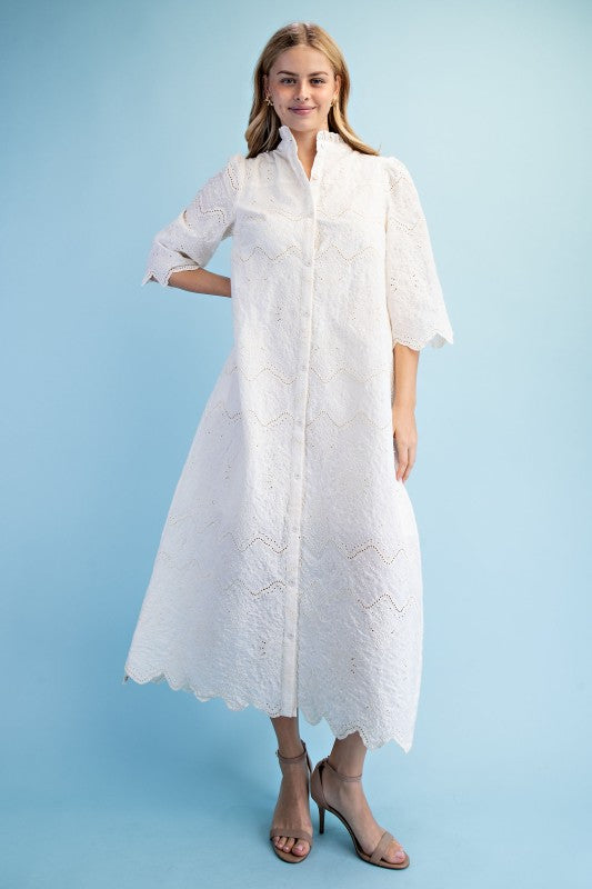 Embroidered Eyelet Button Down Midi Dress Ivory