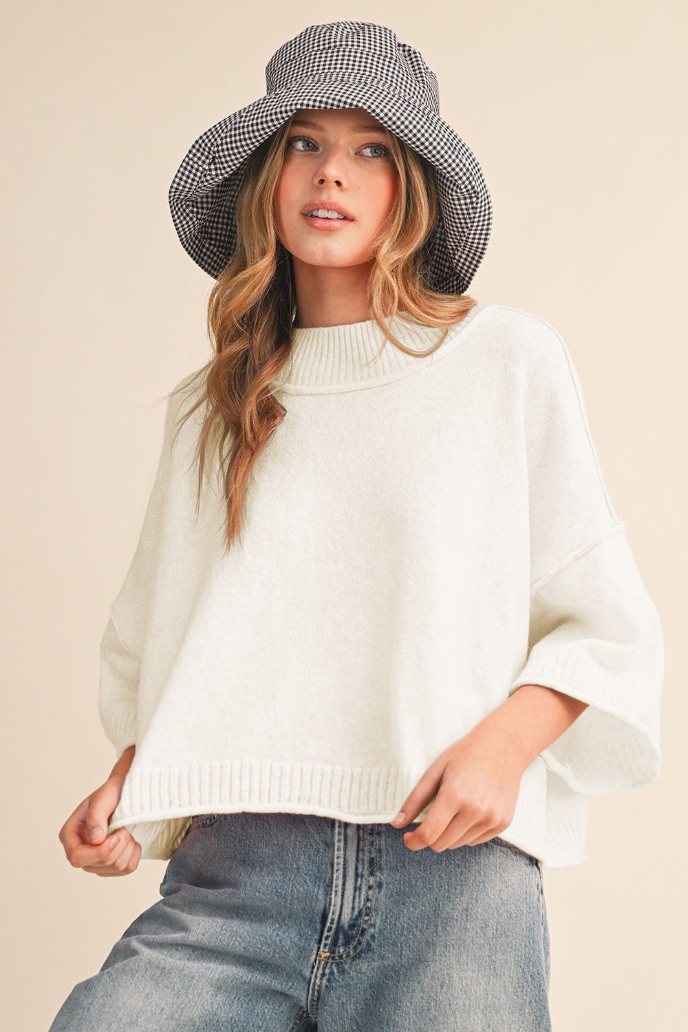 Mock Neck Short Sleeve Sweater Off White - Southern Fashion