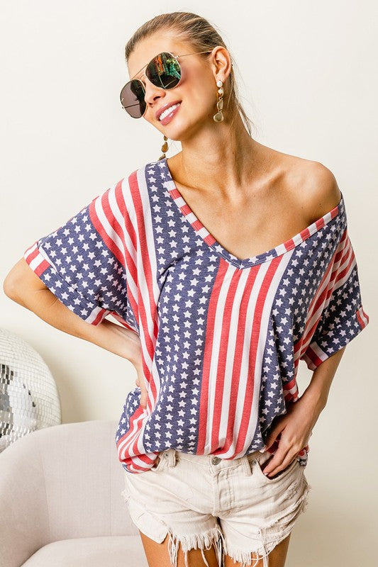 Fourth of July Theme V-Neck Top American Flag