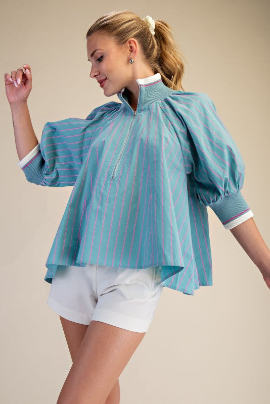 Mock Neck Band Puff Sleeve Blouse Top Mint - Southern Fashion