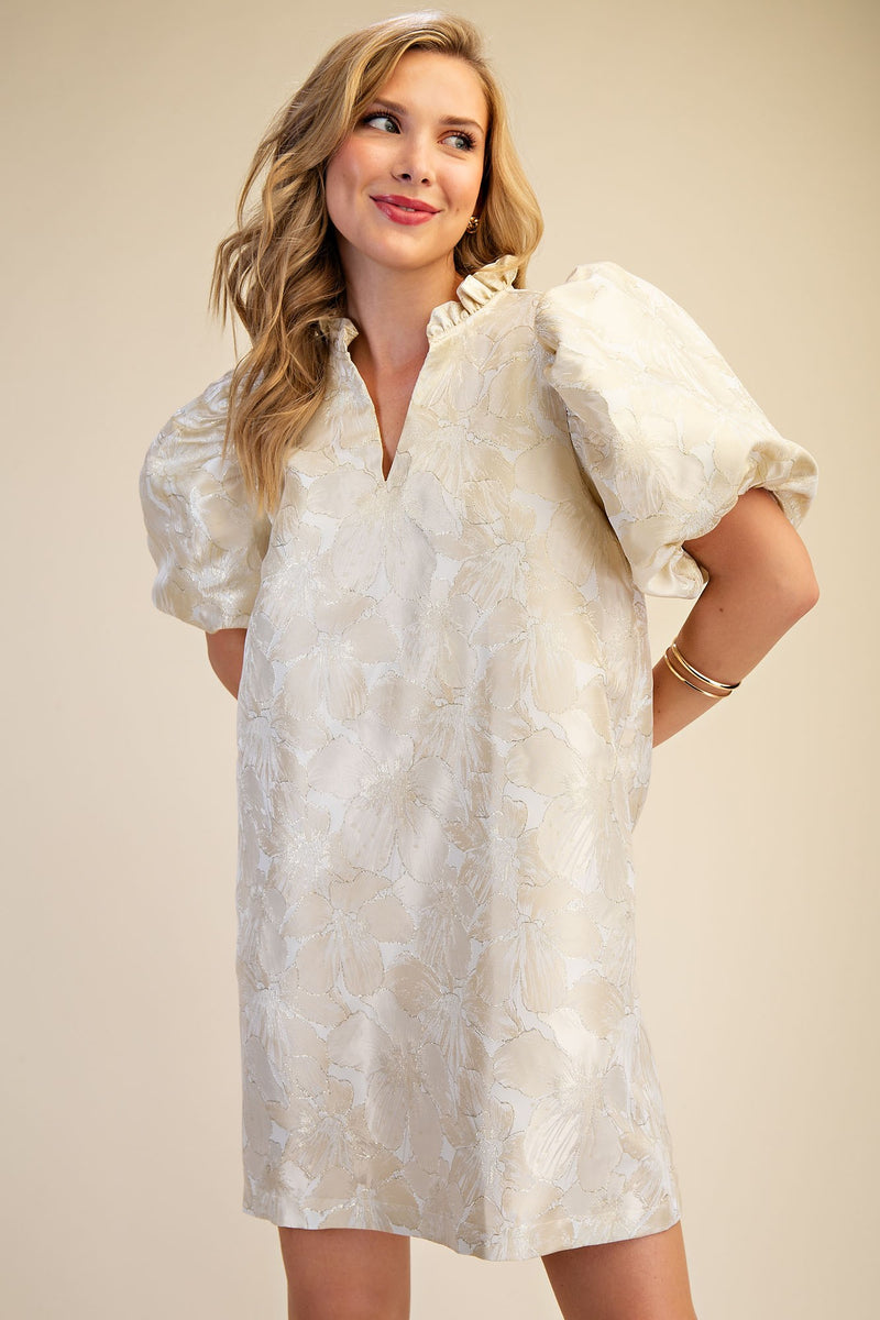 Ruffle V-neck Puff Sleeve Mini Dress Champagne