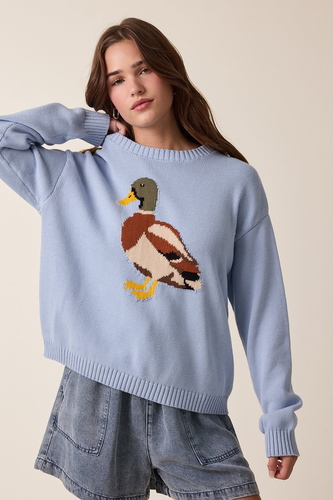 Mallard Duck Knit Sweater Dusty Blue - Southern Fashion Boutique Bliss