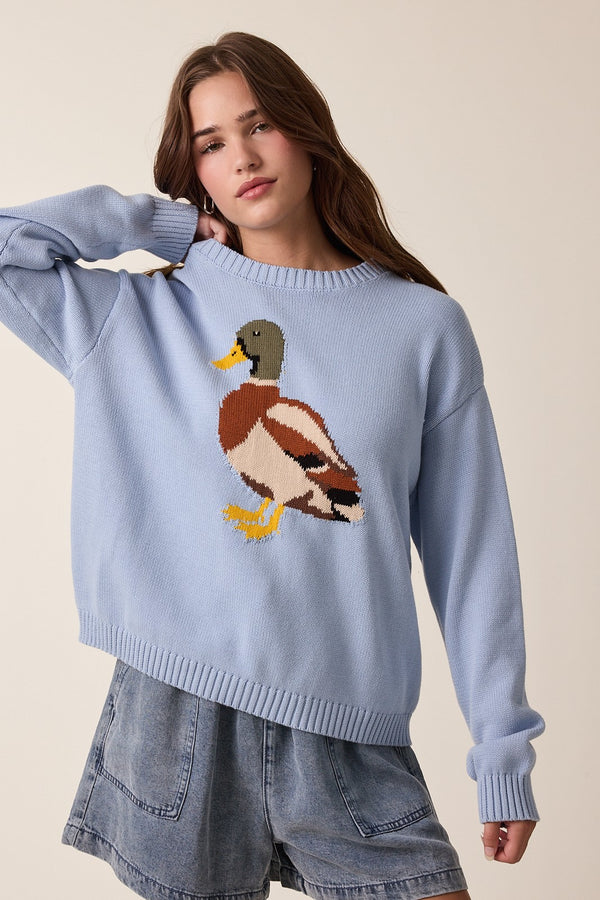 Mallard Duck Knit Sweater Dusty Blue - Southern Fashion Boutique Bliss