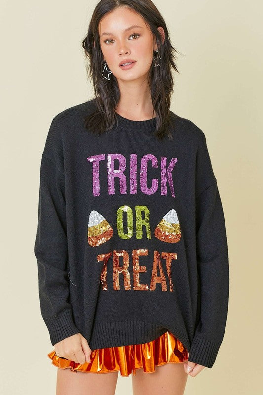 Halloween Trick Or Treat Sequin Sweater Black