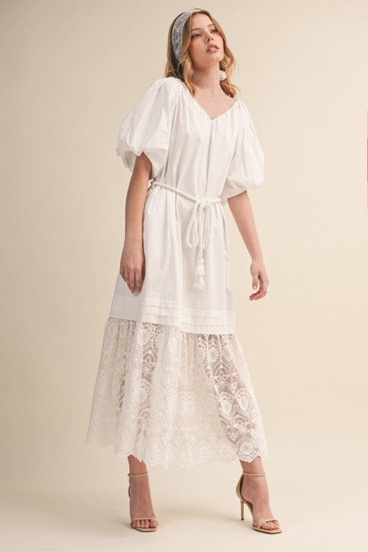 Puff Sleeve Tiered Lace Midi Dress Off White