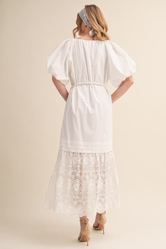Puff Sleeve Tiered Lace Midi Dress Off White - Southern Fashion Boutique  Bliss