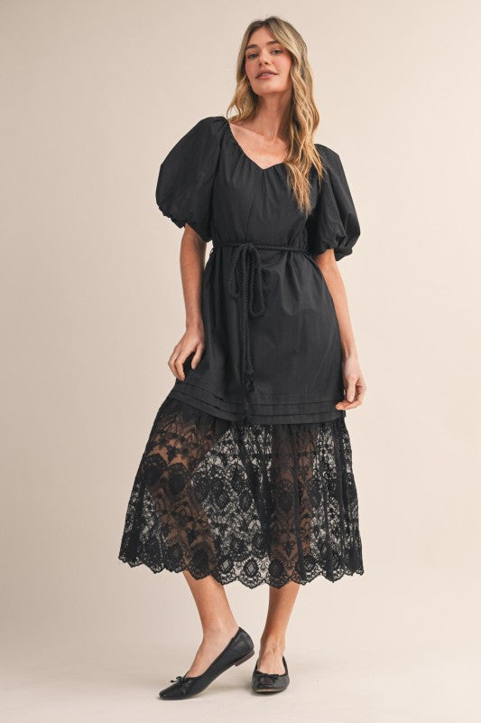 black lace puff sleeve dress Enchanting Presence Black Taffeta Lace Puff Sleeve Mini Dress
