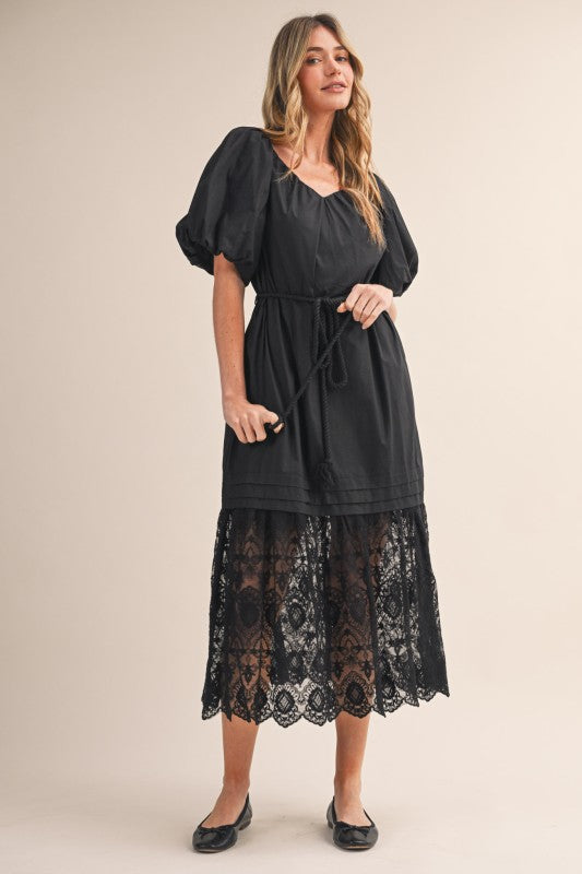 Puff Sleeve Tiered Lace Midi Dress Black