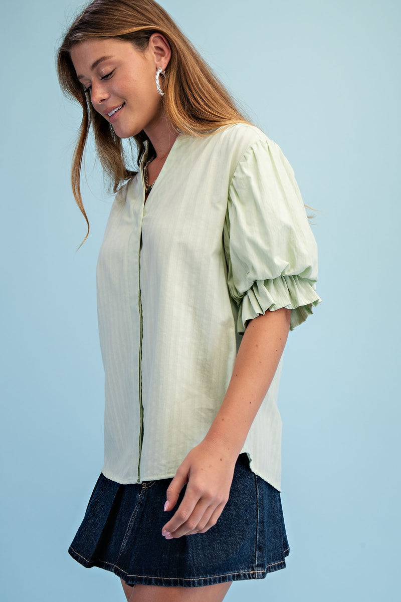 Striped Balloon Sleeve Blouse Light Green - Southern Fashion