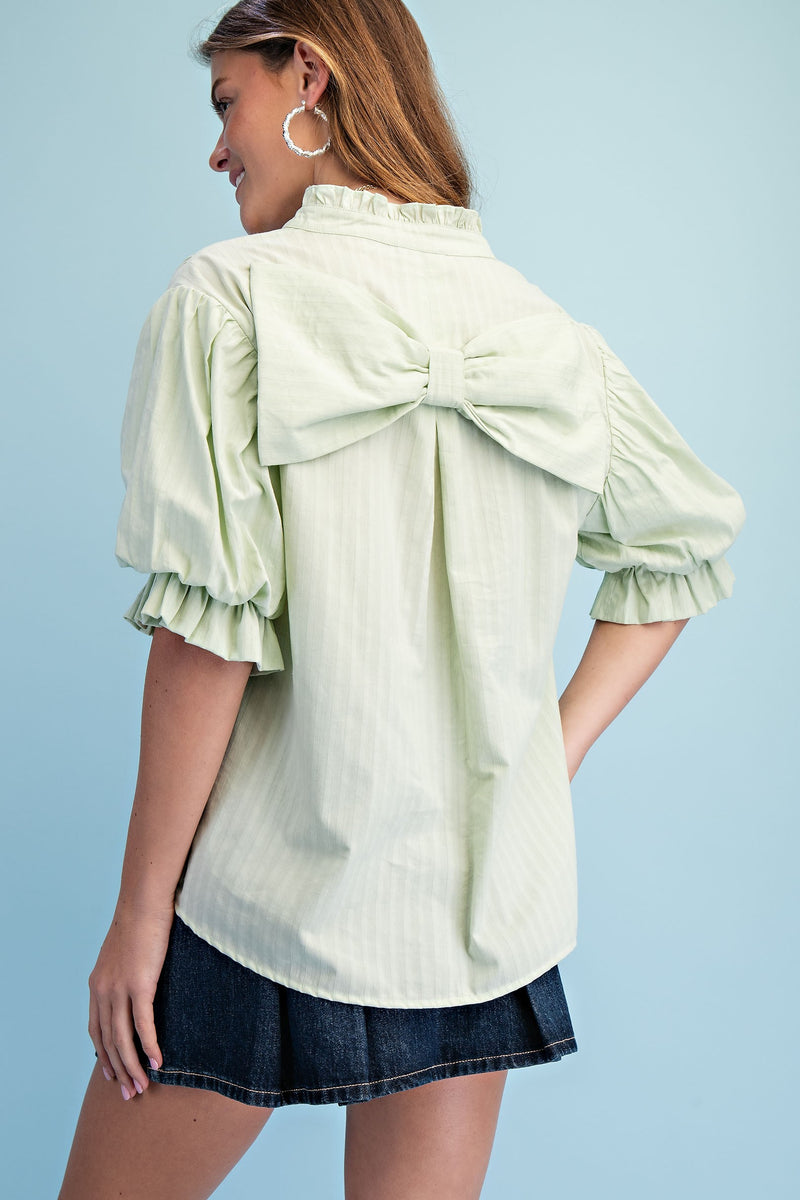 Striped Balloon Sleeve Blouse Light Green - Southern Fashion