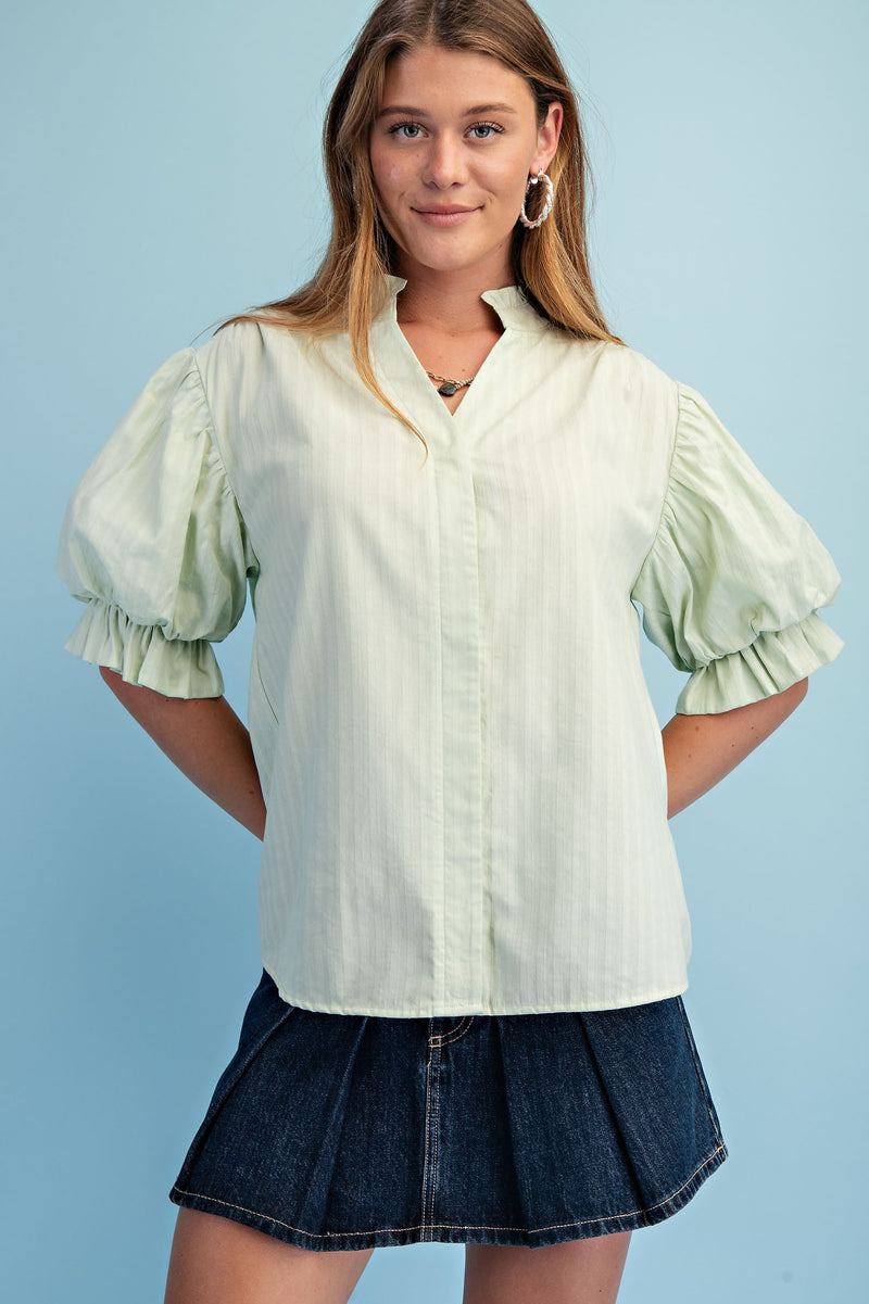 Striped Balloon Sleeve Blouse Light Green - Southern Fashion