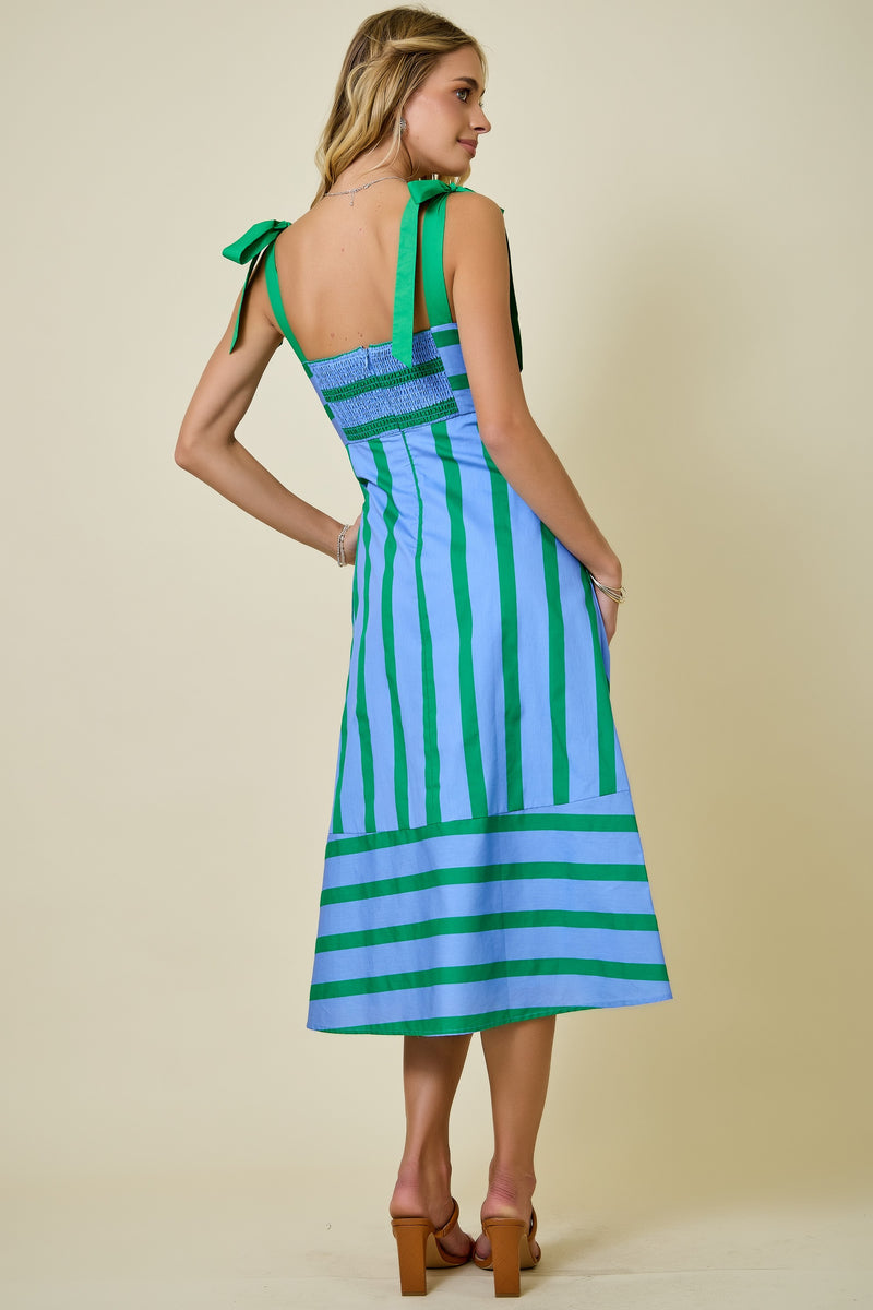 Striped Tiered Midi Dress Blue/Green