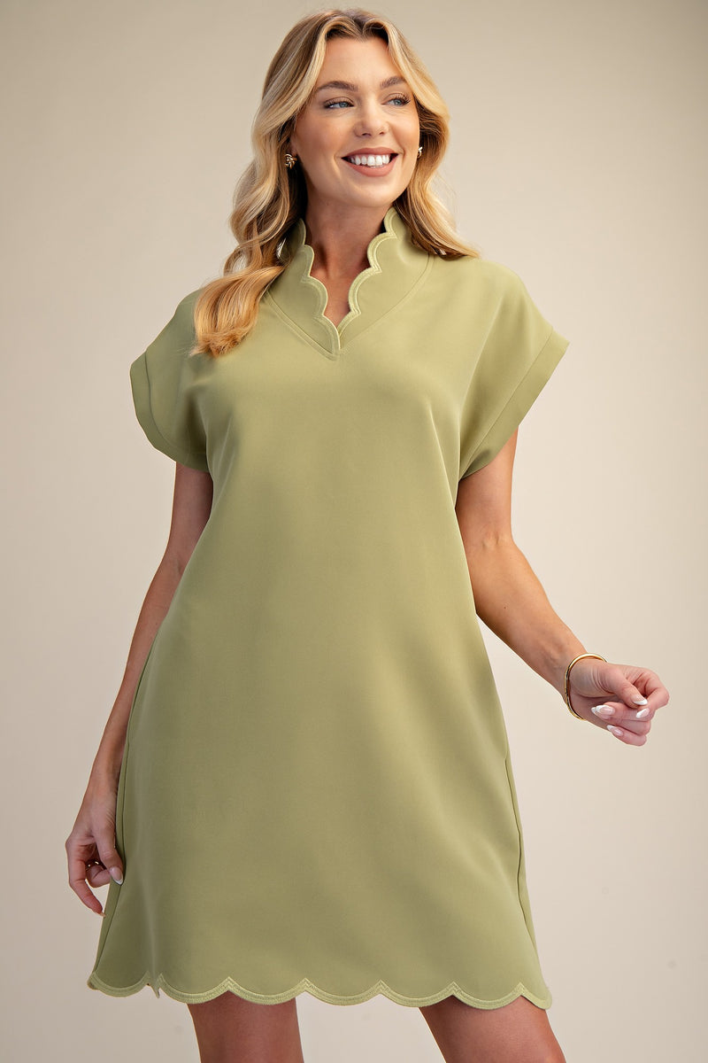 Scallop V-Neck Mini Dress Sage