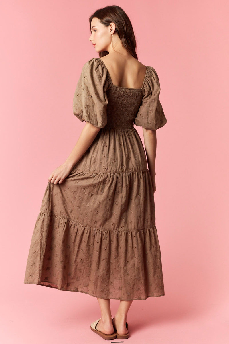 Eyelet Bow Bubble Sleeve Dress Light Brown