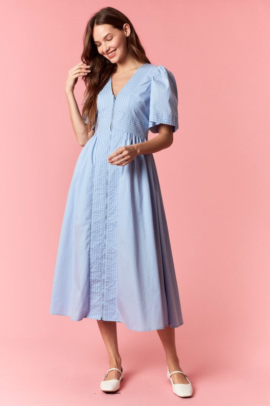 sea zippy smocked midi dress Stitch Zip Front Smocked Midi Dress Light Blue