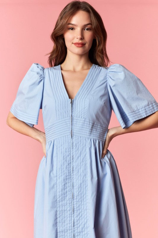 sea zippy smocked midi dress Stitch Zip Front Smocked Midi Dress Light Blue