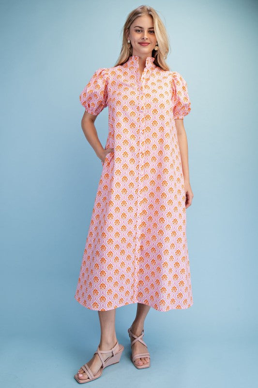 pink button down midi dress Vestido Ophelia Button Down Midi Shirt - Rubor