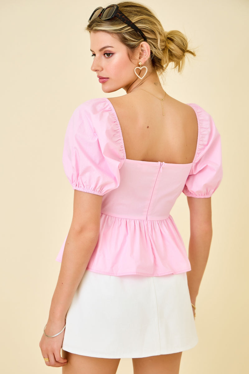 Peplum Puff Sleeve Top Light Pink - Southern Fashion Boutique Bliss