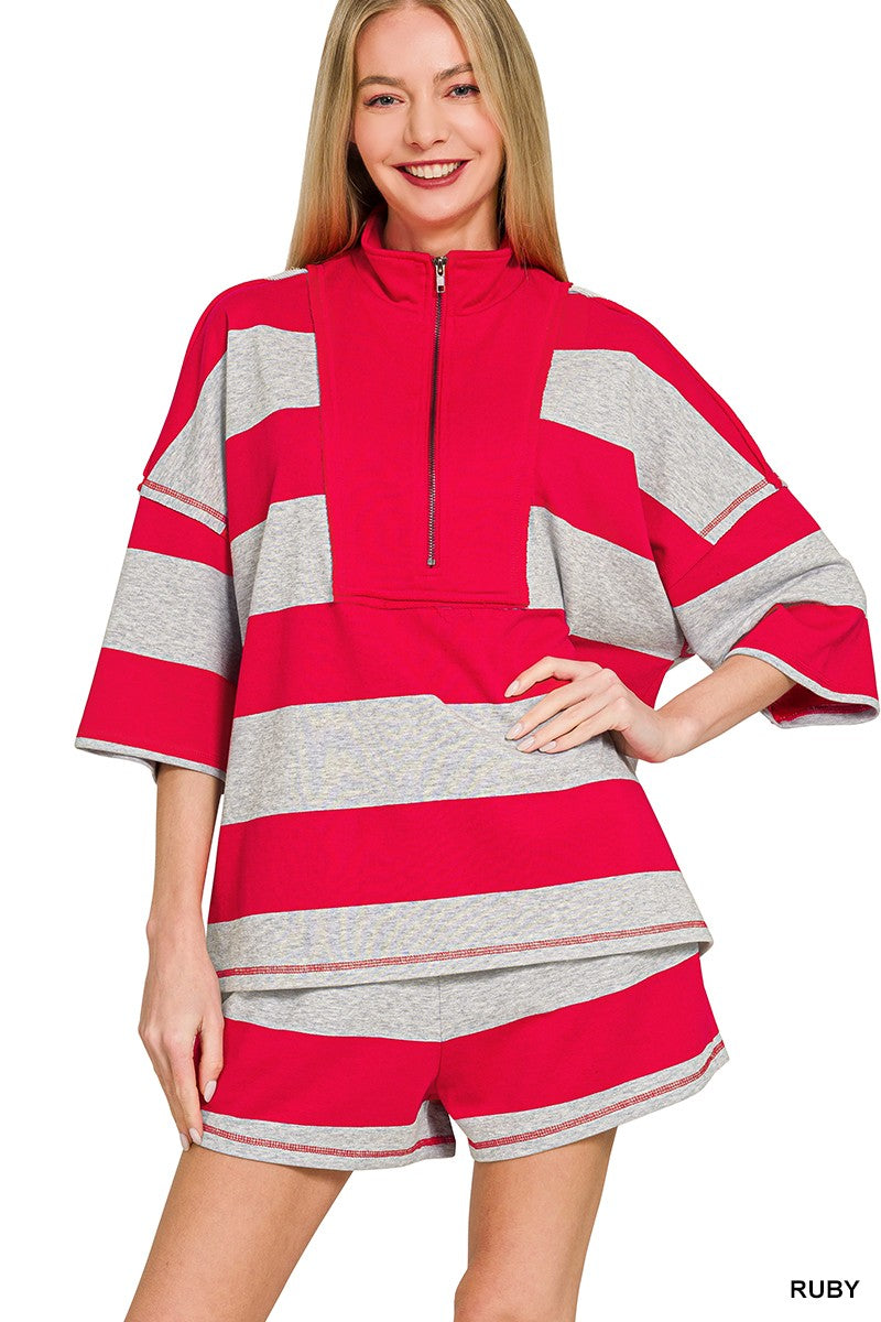 パンツ RUBY Striped Half Zip Top & Shorts Set Ruby - Southern Fashion Boutique