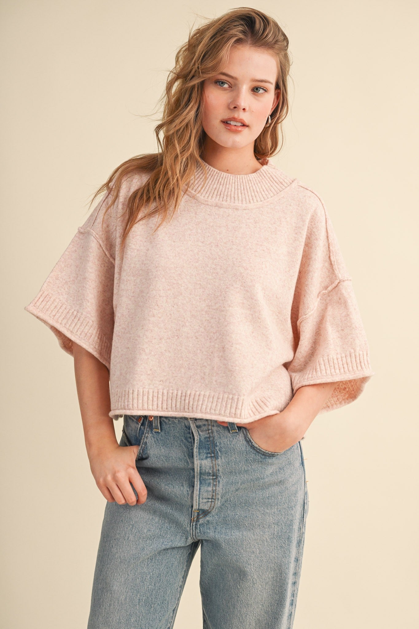 Mock Neck Short Sleeve Sweater Charcoal Brown - Southern Fashion