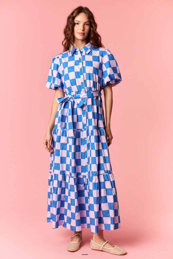blue and pink dress Checker Printed Maxi Blue/Pink black lycra dress How to draw a a curve Size:US 46 Regular / EU 56 Regular
