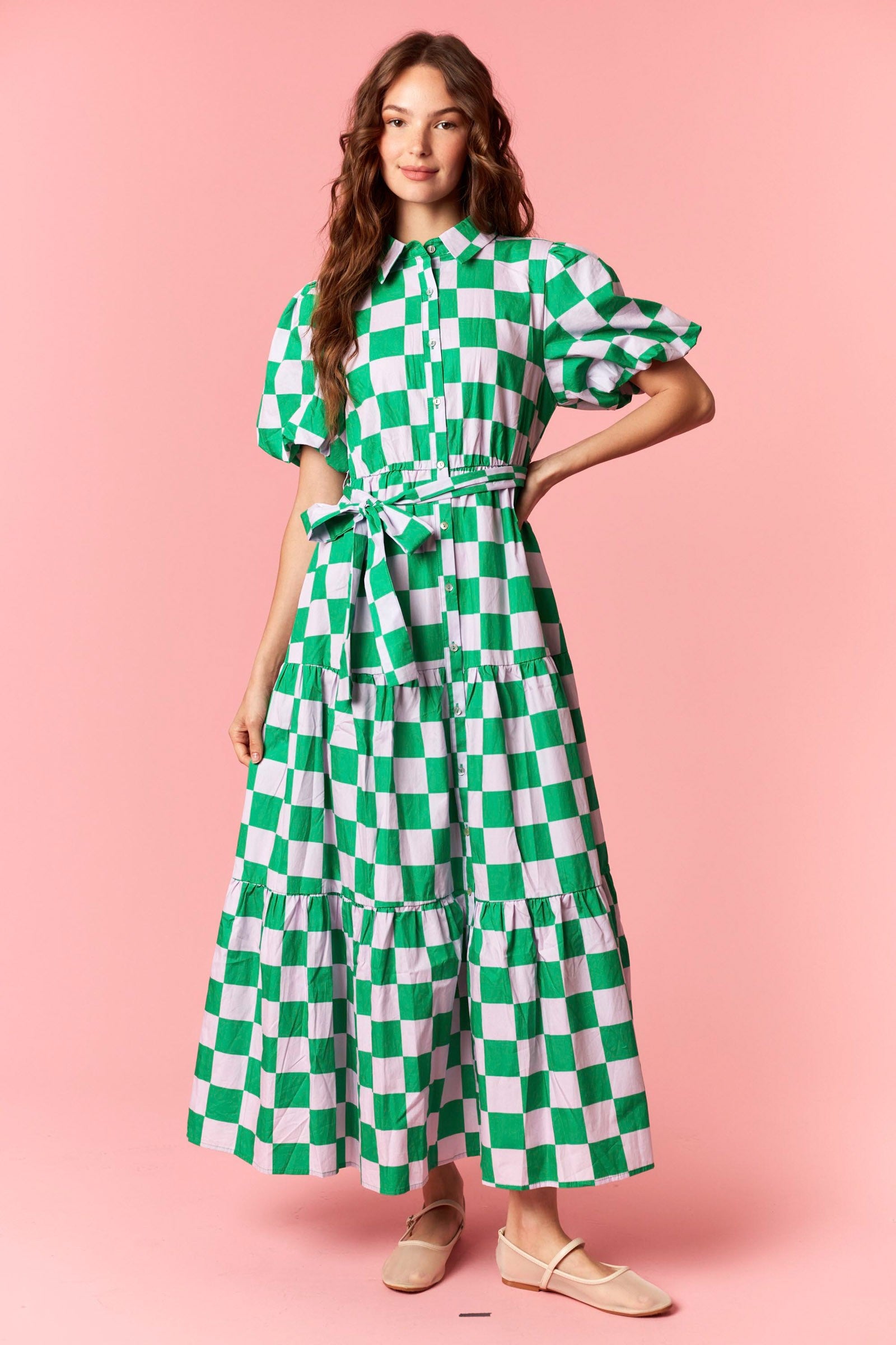 Checker Printed Maxi Dress Green/Pink
