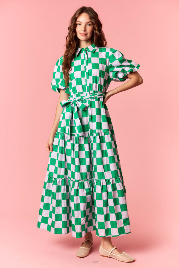 Checker Printed Maxi Dress Green/Pink