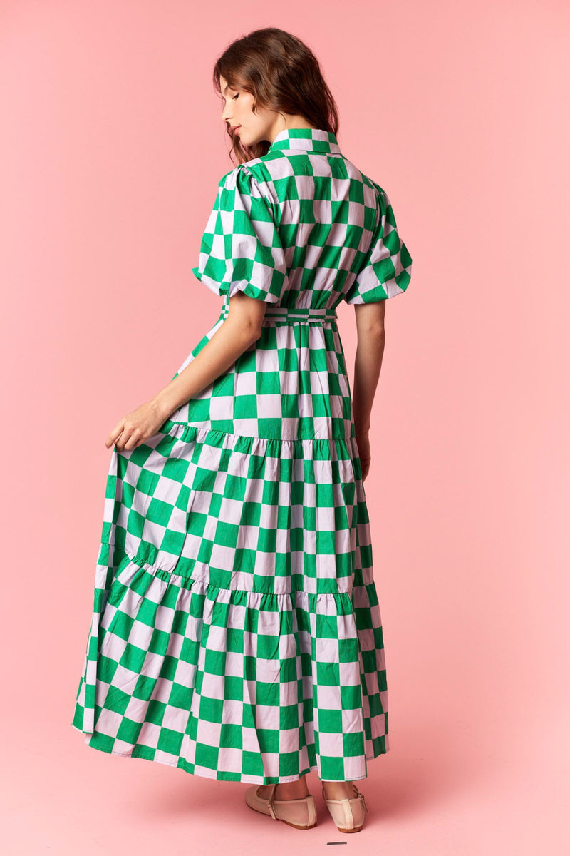 Checker Printed Maxi Dress Green/Pink