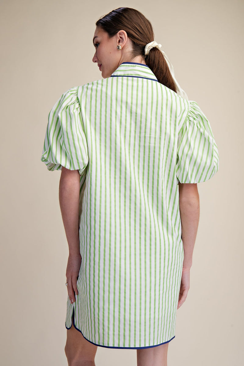 green stripe mini dress Collar Neck Puff Sleeve Stripe Mini Dress Lime