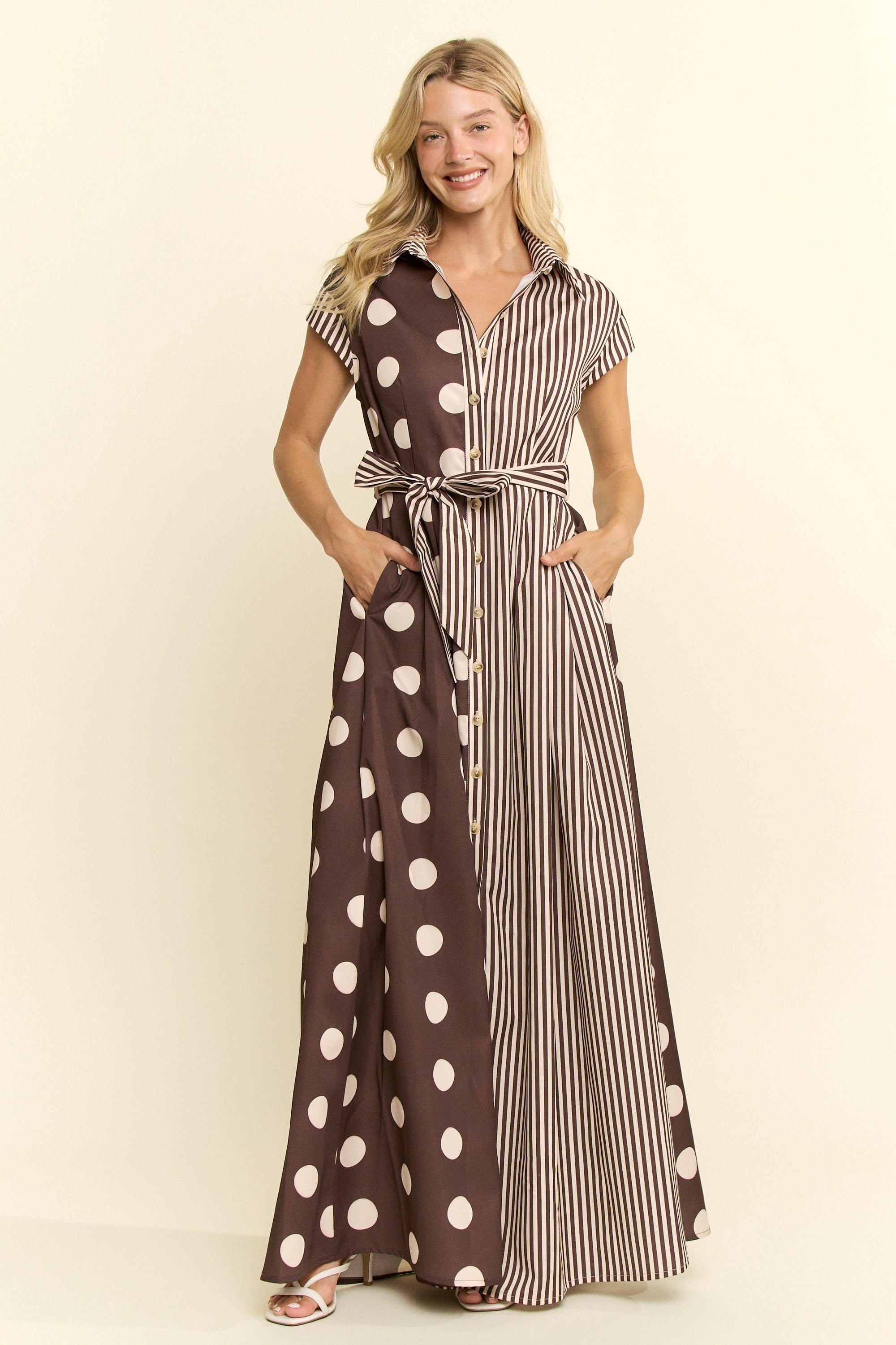 Contrast Dot Stripe Shirt Dress Brown
