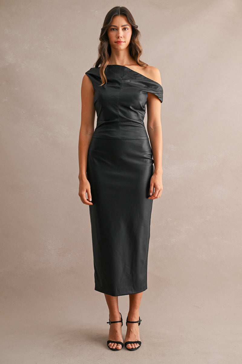 leather one shoulder dress Faux Midi Black Black