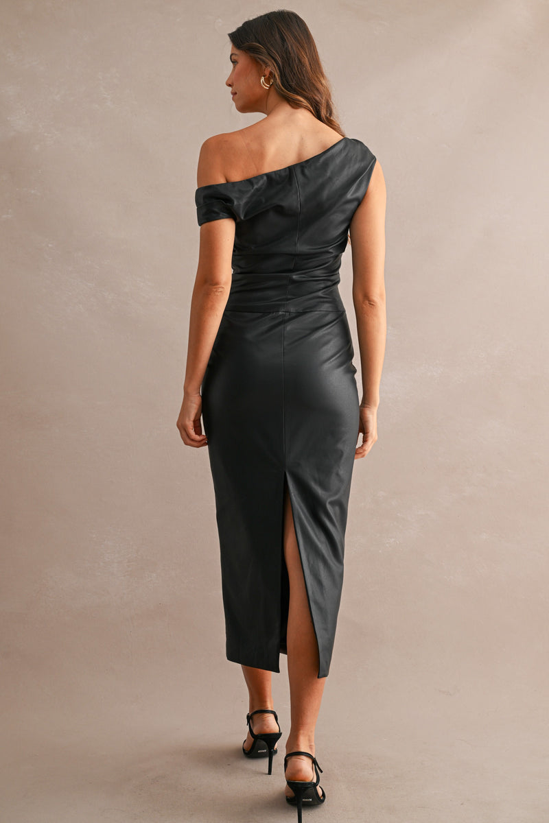 faux leather one shoulder dress Midi Black swatch-butter