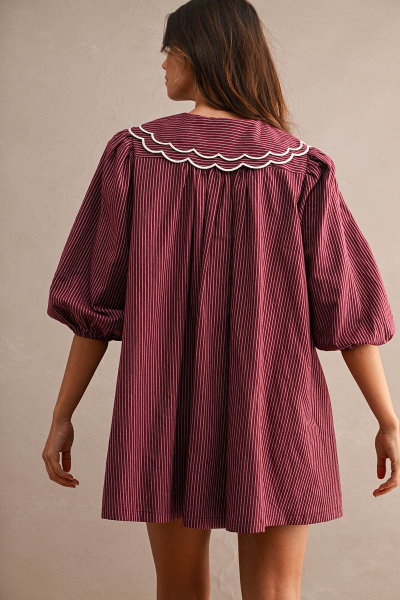 Striped Scalloped Collar Mini Dress Burgundy