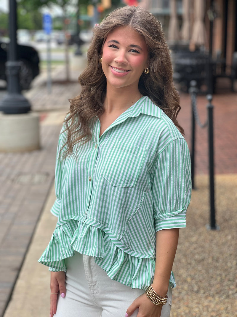 Stripe Ruffle Hem 3/4 Sleeve Top Green
