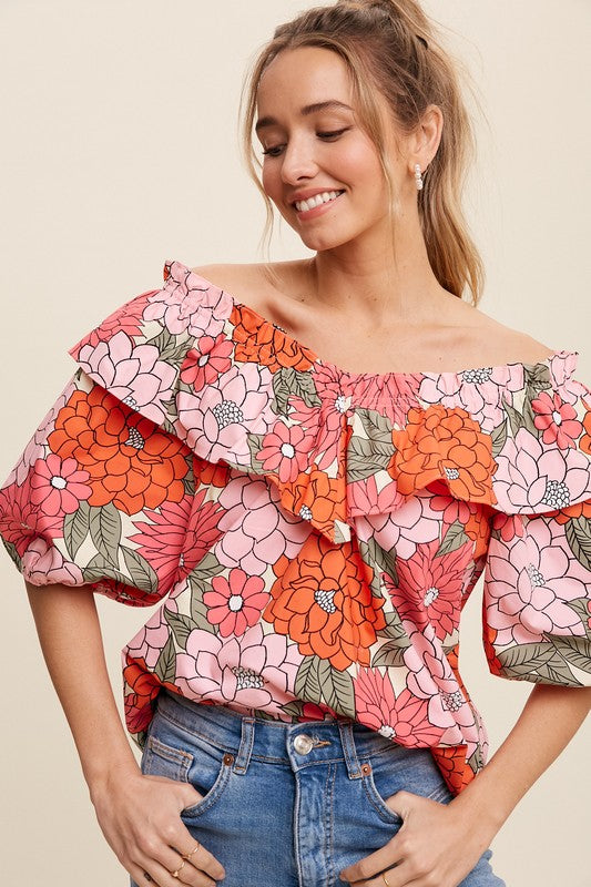 Flower Printed Ruffle V-neck Blouse Top Coral