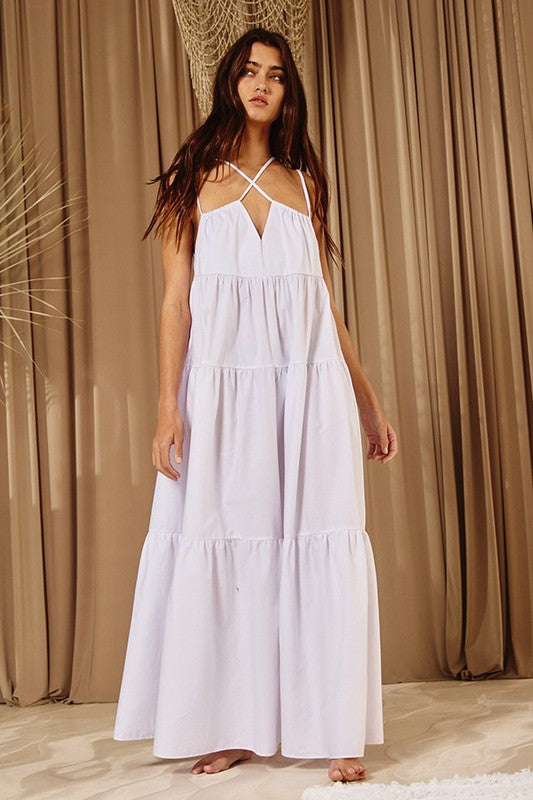 Strappy Tiered Poplin Maxi Dress Off White - Southern Fashion Boutique Bliss Strappy Tiered Poplin Maxi Dress Off White - Southern Fashion Boutique Bliss