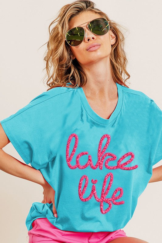 Metallic Letter Lake Life Top Turquoise
