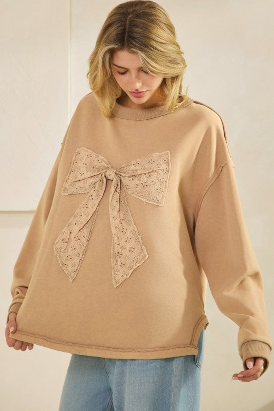 Whimsy Bow Sweatshirt Top Mocha