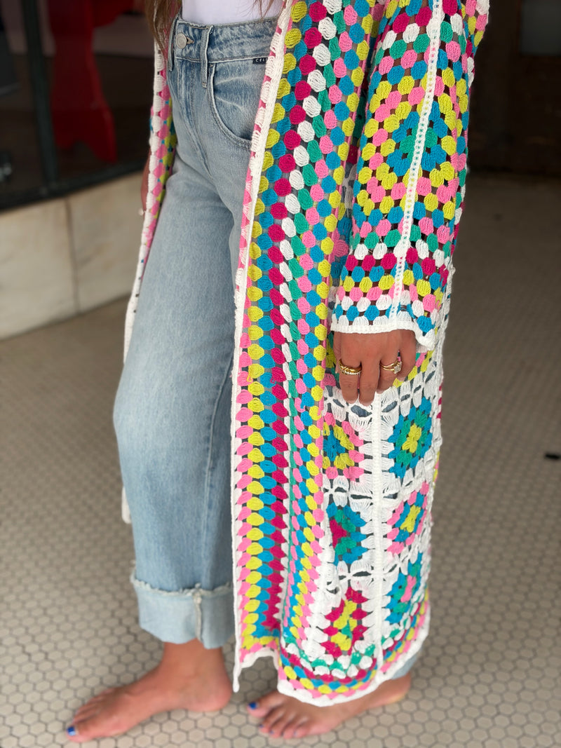 Open Front Crochet Midi Cardigan Multi - Southern Fashion Boutique